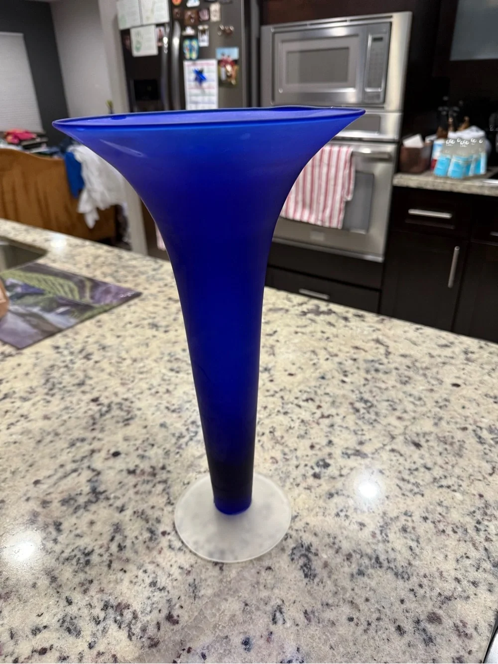 Vintage MCM 15” Hand Blown Cobalt Blue Trumpet Vase Frosted Satin Glass Base